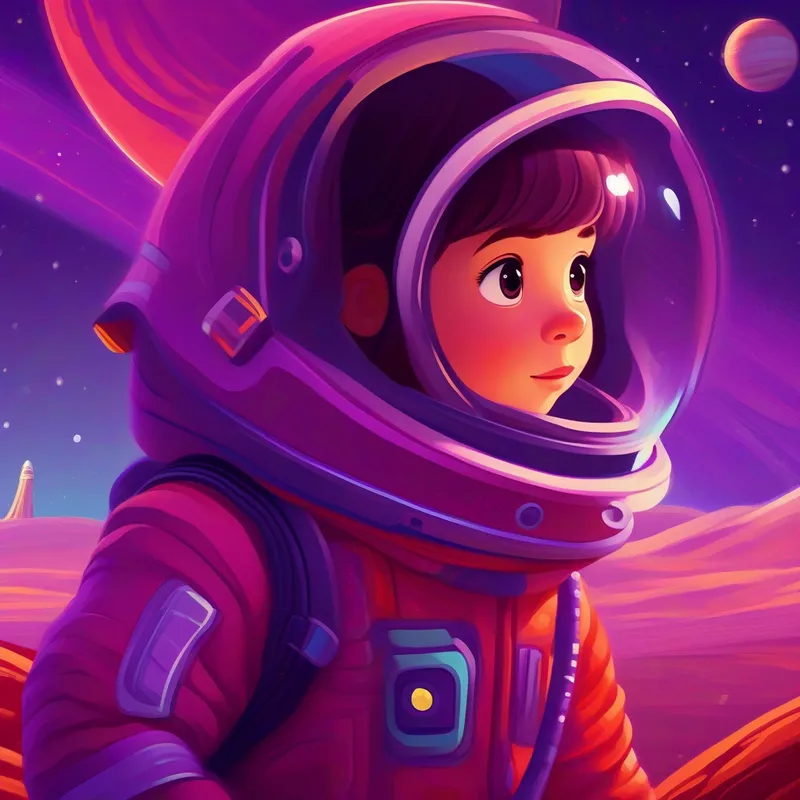 A curious girl with a spark of adventure, wearing a purple space suit exploring the red planet Mars