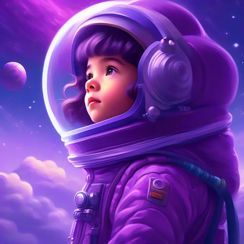 A curious girl with a spark of adventure, wearing a purple space suit observing the cloudy atmosphere of Venus