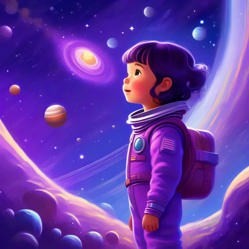 A curious girl with a spark of adventure, wearing a purple space suit happily exploring the vastness of the solar system