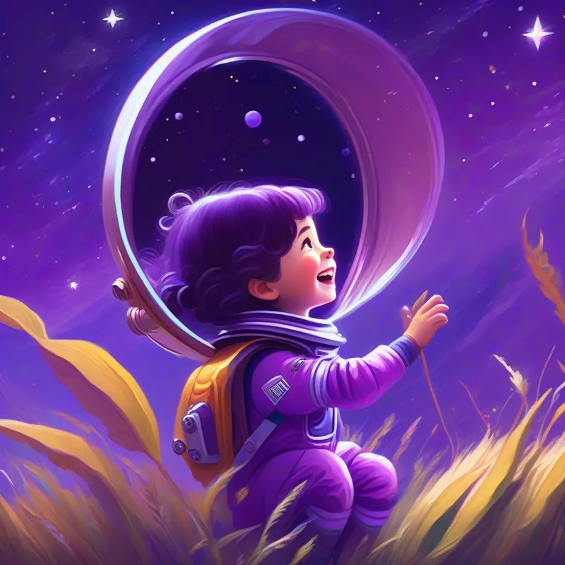 A curious girl with a spark of adventure, wearing a purple space suit closing her magic telescope, feeling grateful and happy