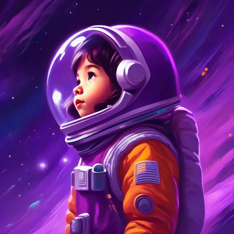 A curious girl with a spark of adventure, wearing a purple space suit as a successful astronaut, spreading curiosity and inspiration