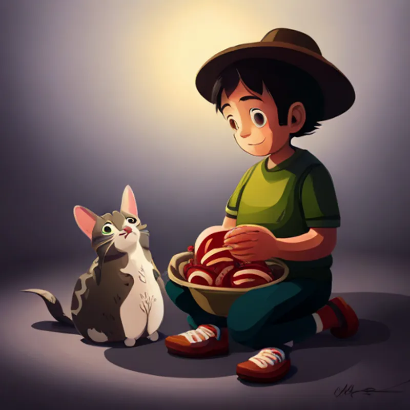 Niño con cabello oscuro y un sombrero cuidando y alimentando a sus animales