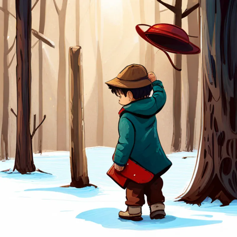 Niño con cabello oscuro y un sombrero limpiando nieve y alimentando a sus animales