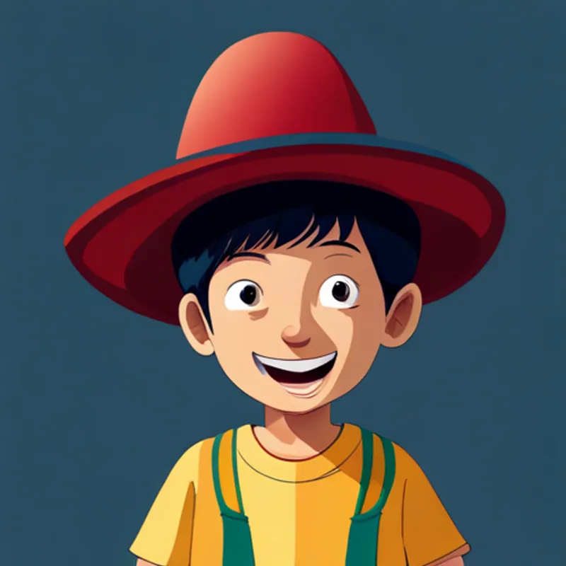 Niño con cabello oscuro y un sombrero feliz con monedas en su mano