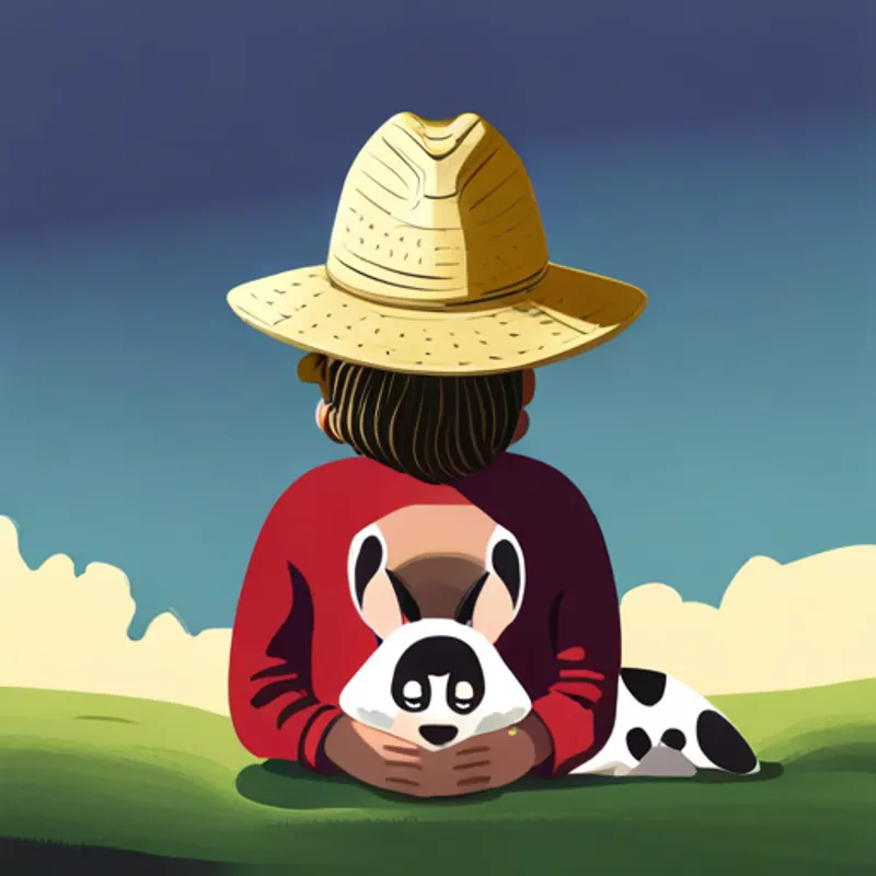 Niño con cabello oscuro y un sombrero compartiendo dinero con su familia y nuevos animales