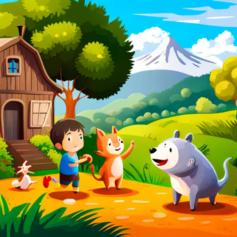 Animales coloridos jugando alrededor del niño jugando alrededor del niño