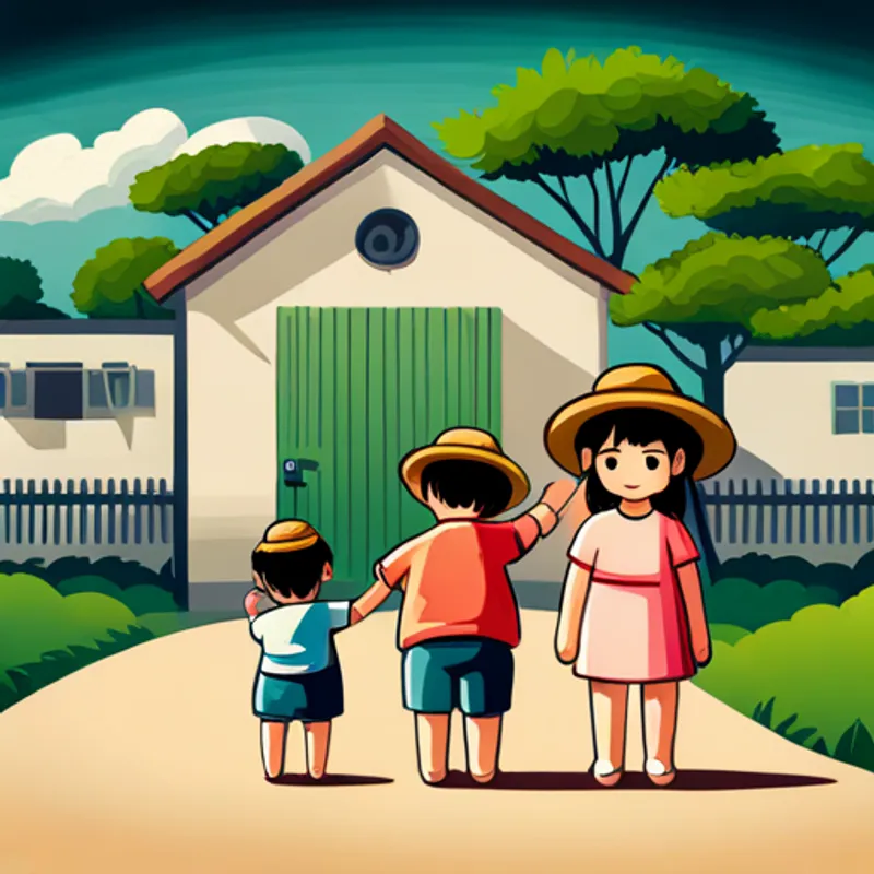 Niño con cabello oscuro y un sombrero y su familia frente a su nueva casa