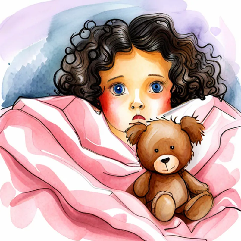 Curly-haired girl in pink pajamas, holding a teddy bear hiding under the blanket with a scared expression