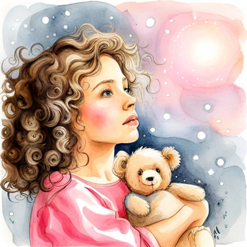 Curly-haired girl in pink pajamas, holding a teddy bear looking up at the stars with curiosity