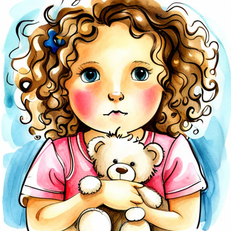 Curly-haired girl in pink pajamas, holding a teddy bear puzzled, with a finger on her chin