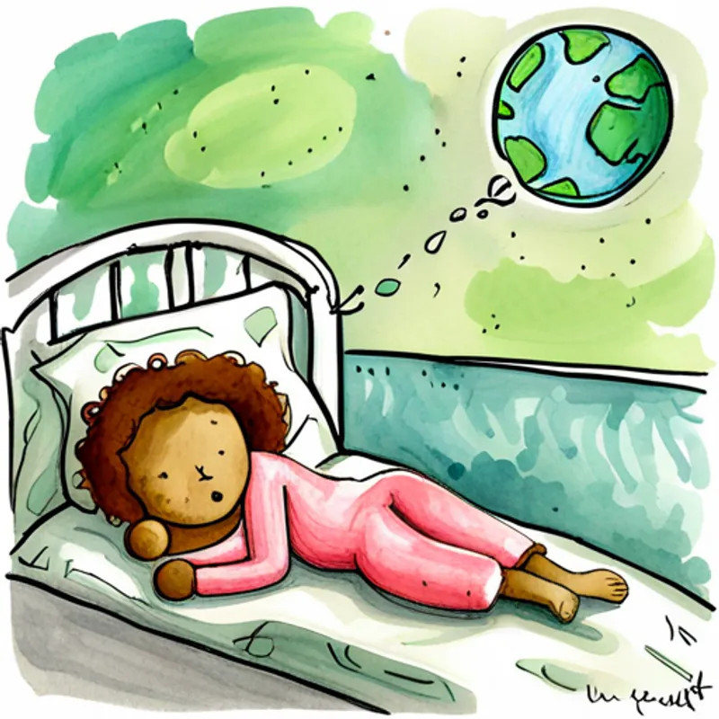 Curly-haired girl in pink pajamas, holding a teddy bear lying in bed with closed eyes, a thought bubble shows Round planet with blue oceans and green continents