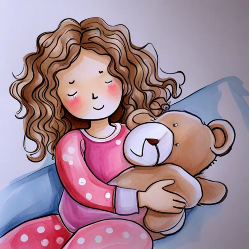 Curly-haired girl in pink pajamas, holding a teddy bear sleeping peacefully, with a smile on her face