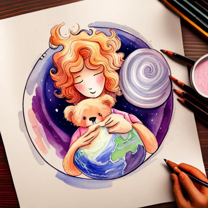 Round planet with blue oceans and green continents explaining to Curly-haired girl in pink pajamas, holding a teddy bear with a friendly expression