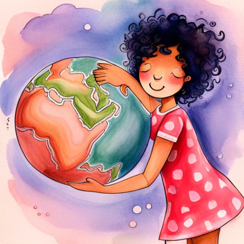 Curly-haired girl in pink pajamas, holding a teddy bear and Round planet with blue oceans and green continents holding hands, smiling at each other