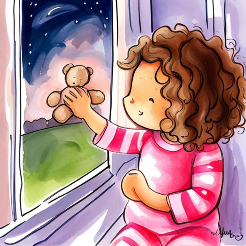 Curly-haired girl in pink pajamas, holding a teddy bear looking outside the window at the night sky, with a longing expression