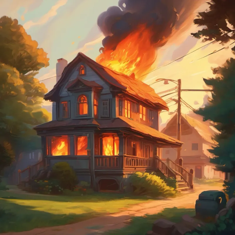 The house catches fire, causing panic and a rush to escape.
