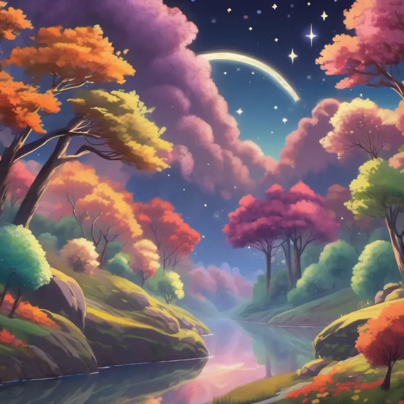 A colorful valley with tall trees swaying in the breeze, beneath a clear, star-filled sky.