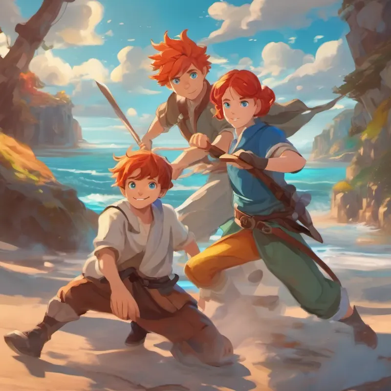 A boy with sea-blue eyes and a girl with fiery hair, both showing confident expressions, preparing for a magical duel.