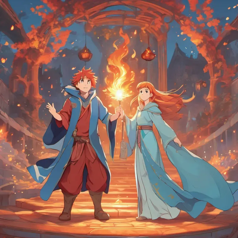 The crowd cheering, Young wizard with sea-blue eyes, wearing watery-themed robes with magical symbols standing proudly, and Fiery-haired girl with a determined look, dressed in red and orange outfits capturing the essence of fire gracefully acknowledging defeat.