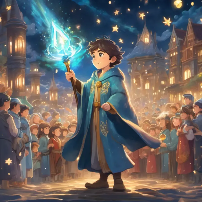 Young wizard with sea-blue eyes, wearing watery-themed robes with magical symbols holding the glowing Scepter of Light triumphantly, surrounded by an admiring crowd under a starry magical sky.