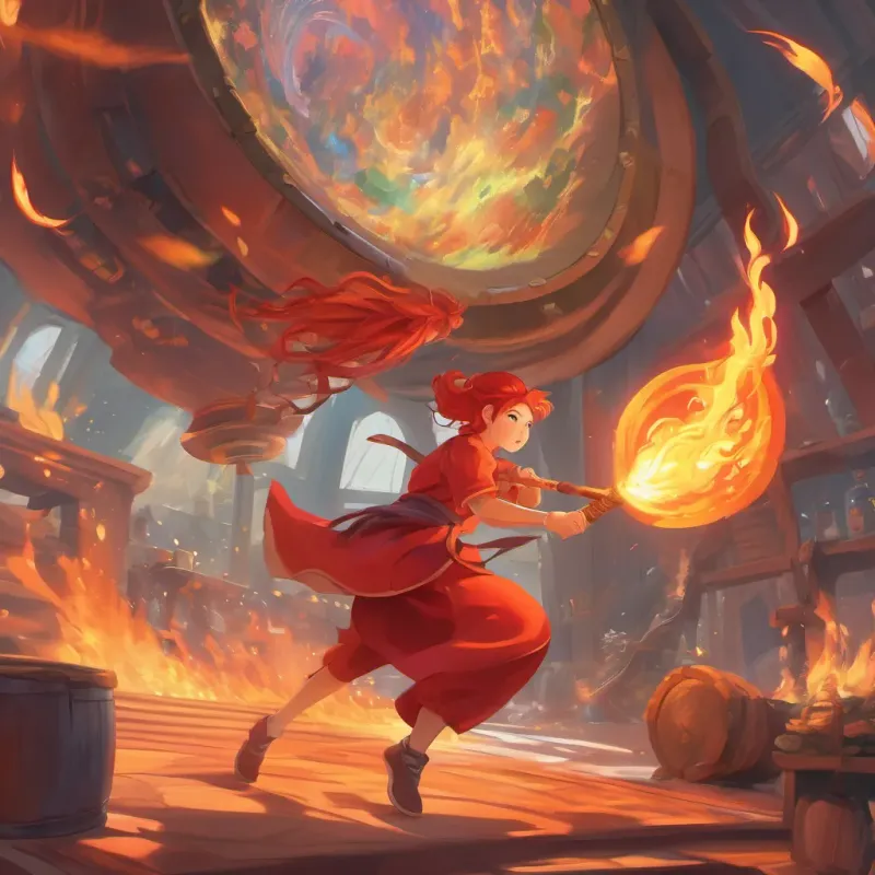 A giant gong and colorful flames springing into life while Fiery-haired girl with a determined look, dressed in red and orange outfits capturing the essence of fire is in a dramatic magical pose.