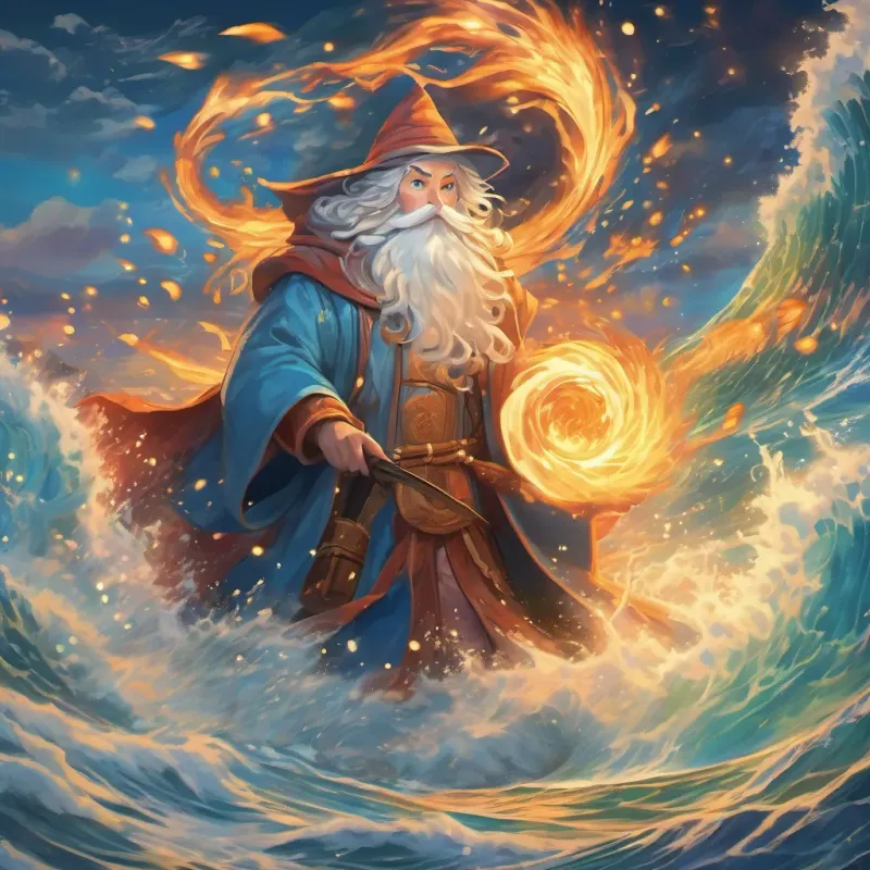 A massive wave conjured by Young wizard with sea-blue eyes, wearing watery-themed robes with magical symbols, shining and sparkling as it meets the flaming attack head-on.