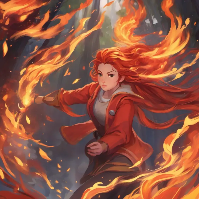 Fiery-haired girl with a determined look, dressed in red and orange outfits capturing the essence of fire concentrating with intense eyes, flames brightening around her.