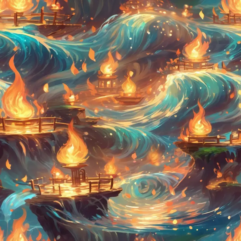 Intertwined flames and water splashes dancing against each other in shimmering choreography.