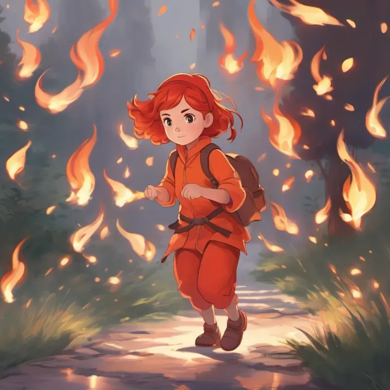 Fiery-haired girl with a determined look, dressed in red and orange outfits capturing the essence of fire showing signs of fatigue as the flames start to diminish around her.