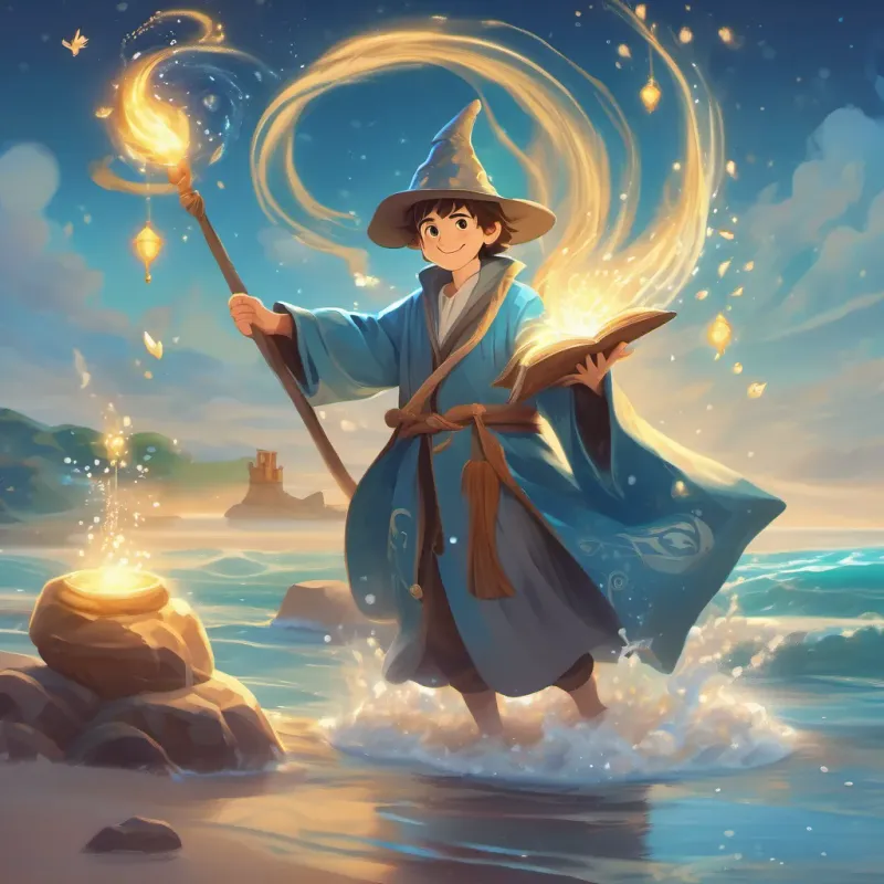Young wizard with sea-blue eyes, wearing watery-themed robes with magical symbols smiling while casting a spell, sprinkling sand into the water with magical gestures.