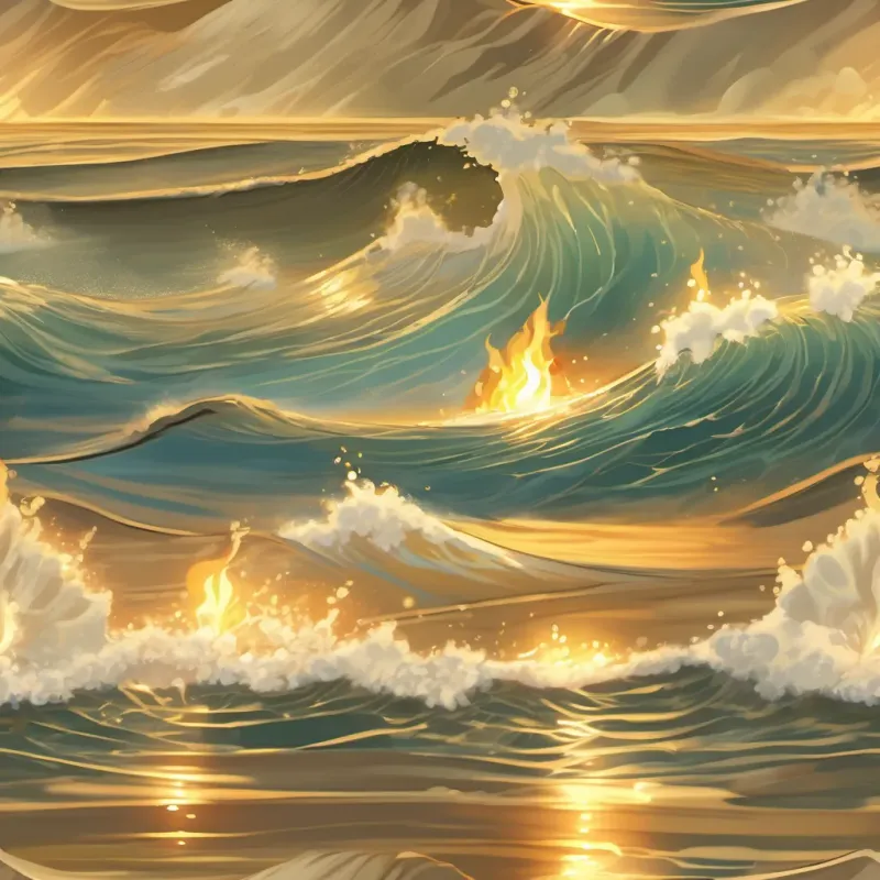 A radiant combination of water and sand creating a golden current that beautifully extinguishes the flames.