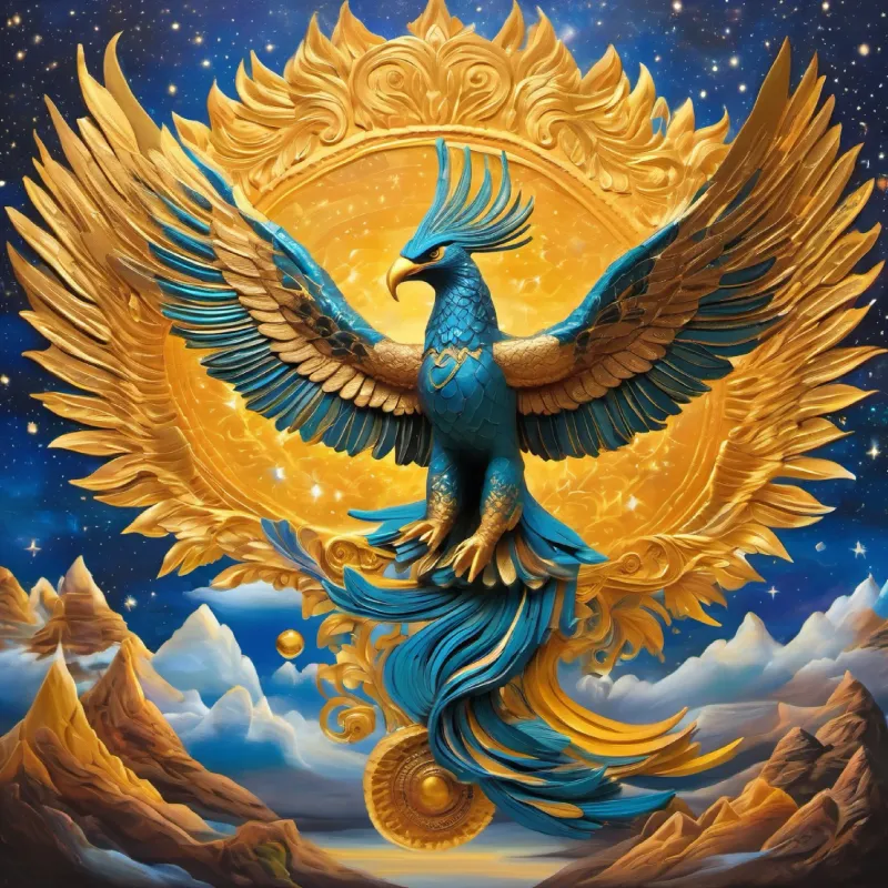 "Behold the masterpiece: Garuda, resplendent in golden plumage, carries Lord Vishnu in a celestial dance across the cosmic canvas. Wings outstretched amidst a symphony of swirling nebulas and radiant stars, this captivating image is a divine masterpiece—a harmonious blend of cosmic elegance and the majestic alliance between the celestial eagle and the Supreme Lord."
