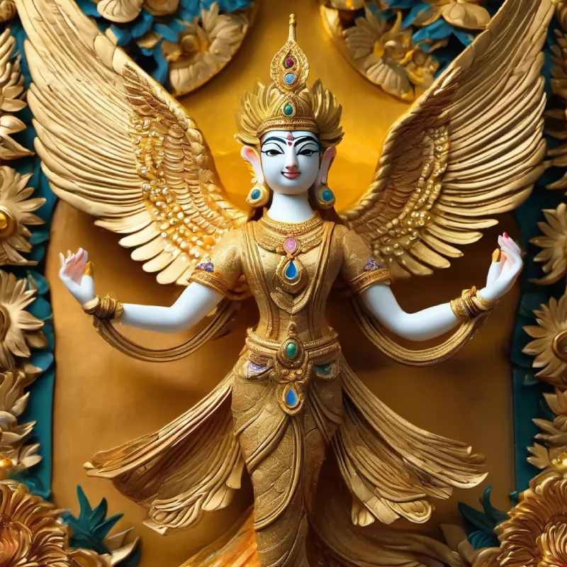 "Behold the masterpiece: Garuda, resplendent in golden plumage, carries Lord Vishnu in a celestial dance across the cosmic canvas. Wings outstretched amidst a symphony of swirling nebulas and radiant stars, this captivating image is a divine masterpiece—a harmonious blend of cosmic elegance and the majestic alliance between the celestial eagle and the Supreme Lord."