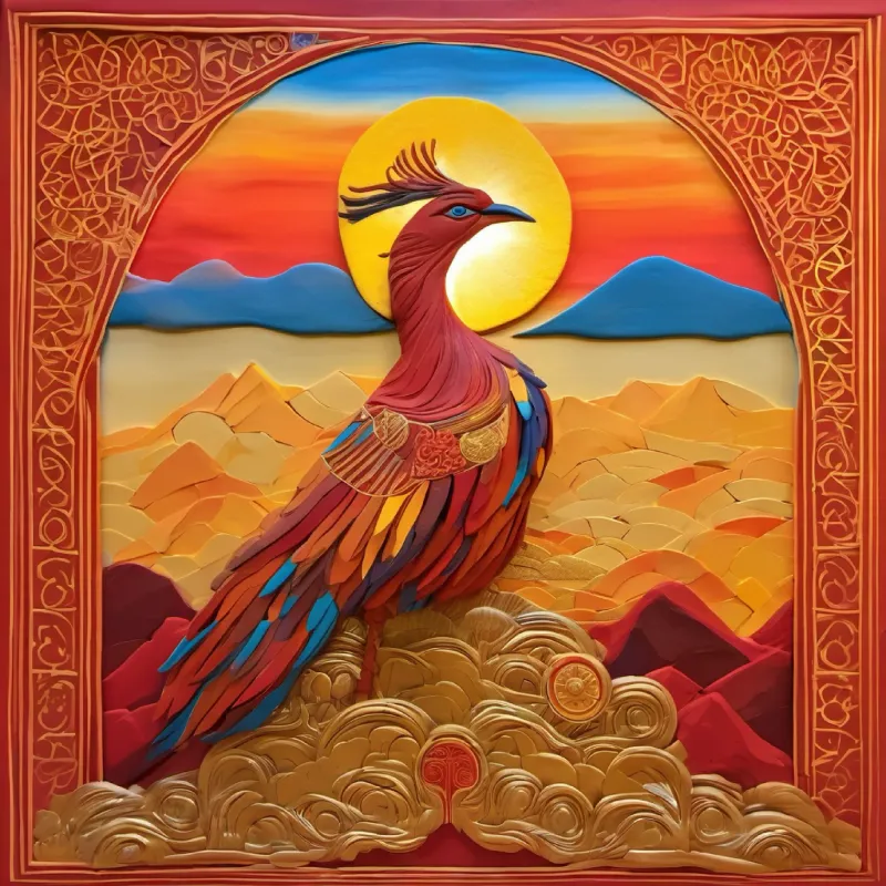 "Depict a majestic bird, radiant and fierce, standing guard at the gates of a golden celestial palace at sunrise. Its feathers are a brilliant tapestry of reds, golds, and oranges, reflecting the early morning light. The background is a breathtaking view of the Himalayas, bathed in the soft golden hues of dawn, symbolizing the bird's role as a protector of the divine realms."