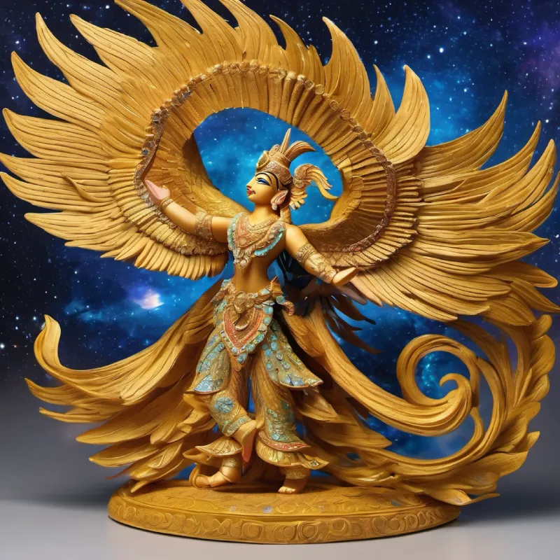 "Behold the masterpiece: Garuda, resplendent in golden plumage, carries Lord Vishnu in a celestial dance across the cosmic canvas. Wings outstretched amidst a symphony of swirling nebulas and radiant stars, this captivating image is a divine masterpiece—a harmonious blend of cosmic elegance and the majestic alliance between the celestial eagle and the Supreme Lord."