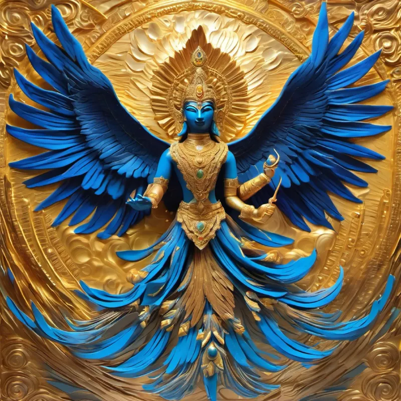 "Behold the masterpiece: Garuda, resplendent in golden plumage, carries Lord Vishnu in a celestial dance across the cosmic canvas. Wings outstretched amidst a symphony of swirling nebulas and radiant stars, this captivating image is a divine masterpiece—a harmonious blend of cosmic elegance and the majestic alliance between the celestial eagle and the Supreme Lord."