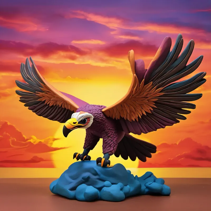 A majestic Jatayu vulture soaring across a vibrant sky, its wings spread wide, catching the golden hues of the setting sun.