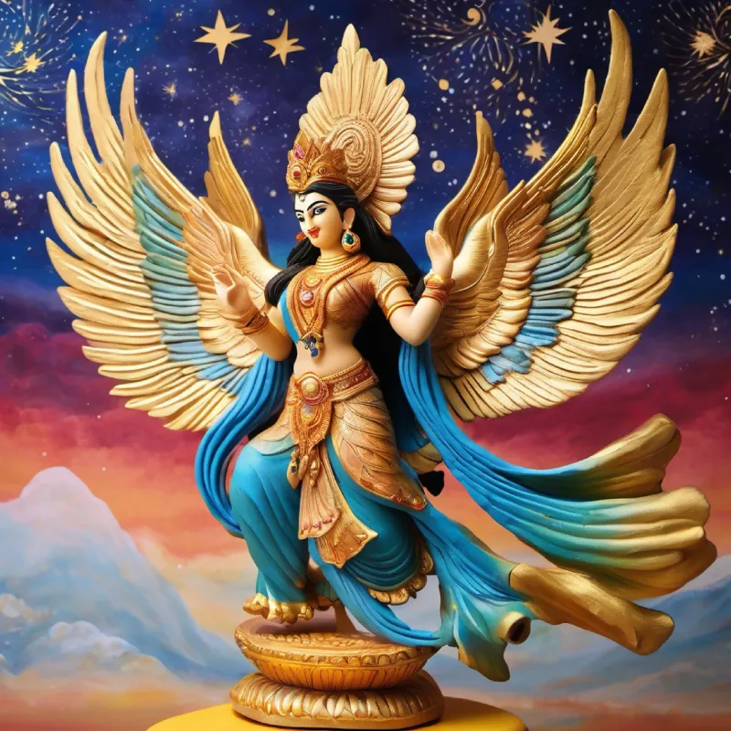 "Behold the masterpiece: Garuda, resplendent in golden plumage, carries Lord Vishnu in a celestial dance across the cosmic canvas. Wings outstretched amidst a symphony of swirling nebulas and radiant stars, this captivating image is a divine masterpiece—a harmonious blend of cosmic elegance and the majestic alliance between the celestial eagle and the Supreme Lord."