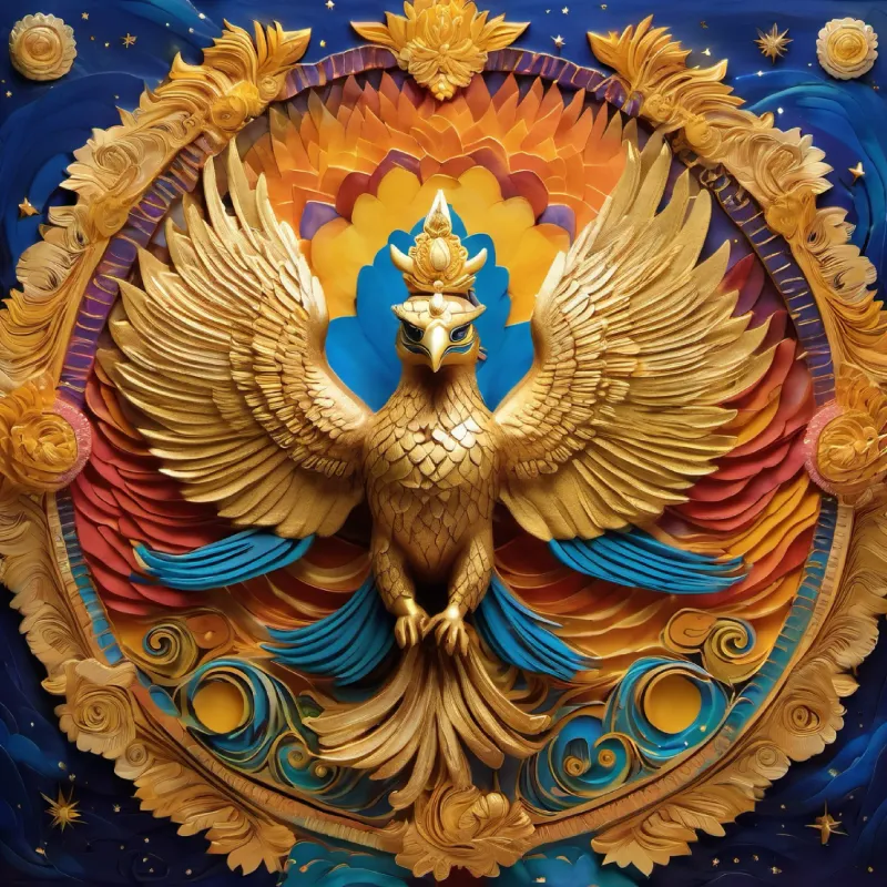 "Behold the masterpiece: Garuda, resplendent in golden plumage, carries Lord Vishnu in a celestial dance across the cosmic canvas. Wings outstretched amidst a symphony of swirling nebulas and radiant stars, this captivating image is a divine masterpiece—a harmonious blend of cosmic elegance and the majestic alliance between the celestial eagle and the Supreme Lord."