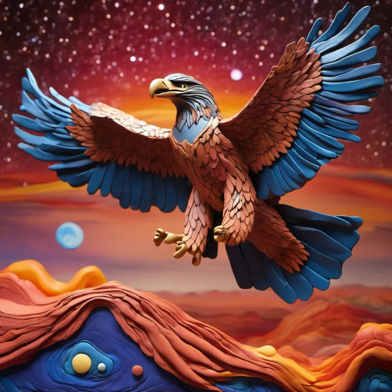 Picture an ethereal eagle, its body aglow with the fiery energies of creation and destruction, dancing in the vast expanse of the cosmos. Its wings beat in rhythm with the pulsating stars, trailing celestial light that weaves into the fabric of the universe.