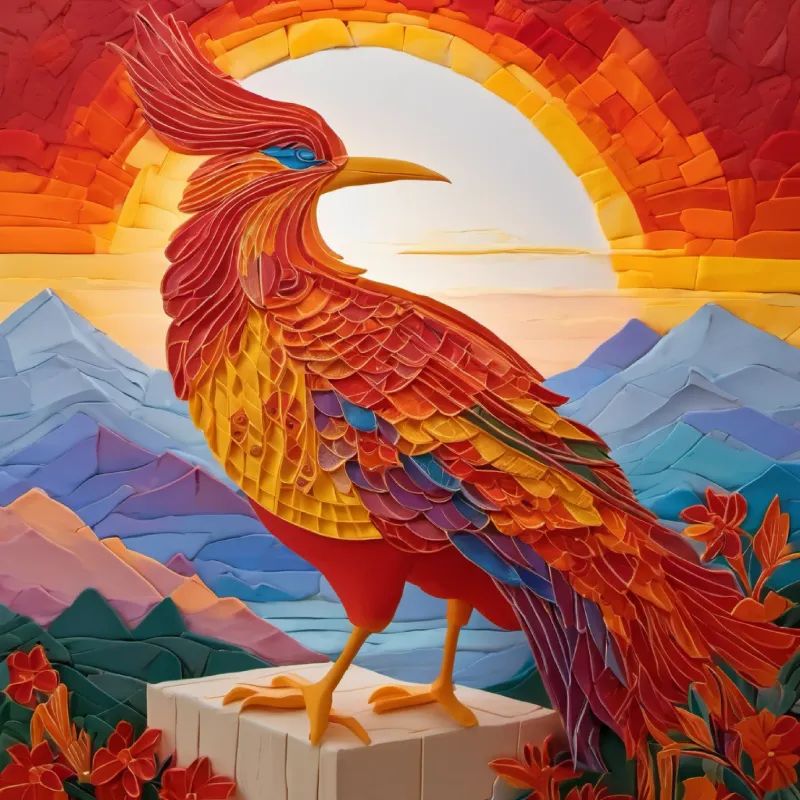 "Depict a majestic bird, radiant and fierce, standing guard at the gates of a golden celestial palace at sunrise. Its feathers are a brilliant tapestry of reds, golds, and oranges, reflecting the early morning light. The background is a breathtaking view of the Himalayas, bathed in the soft golden hues of dawn, symbolizing the bird's role as a protector of the divine realms."