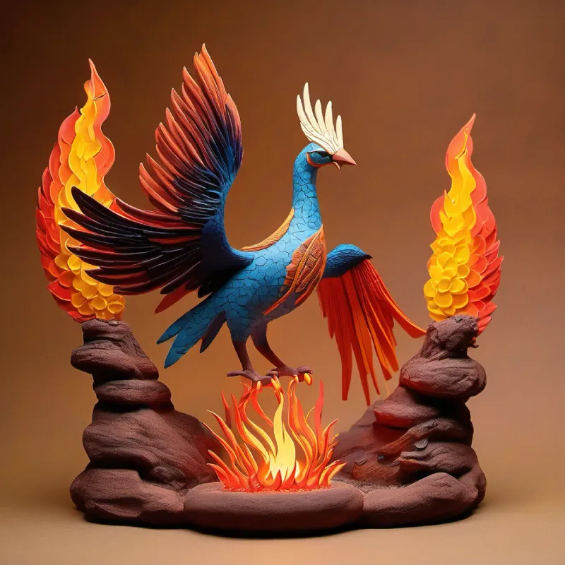 Depict the moment of rebirth for a mythical bird akin to a phoenix, arising from the ashes within a sacred fire altar. This event is witnessed by awe-struck sages and celestial beings. The bird's resurgence is a spectacle of flames and light, symbolizing renewal, eternal life, and the cyclical nature of the universe as envisioned in Hindu mythology."
