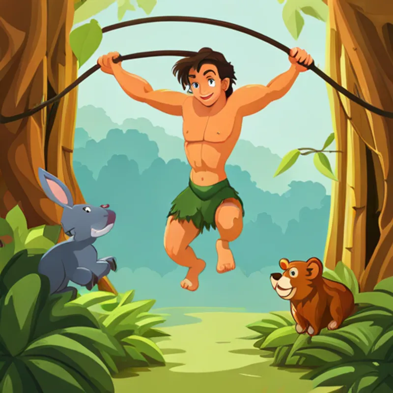Tarzan swings on a vine with animals below