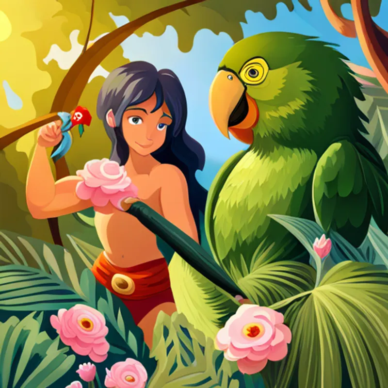 Tarzan finds a colorful flower and a hidden parrot
