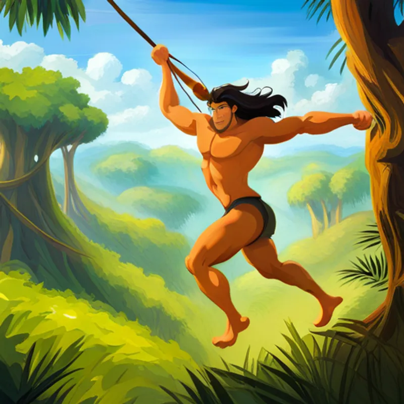 Tarzan swings through trees toward the sound