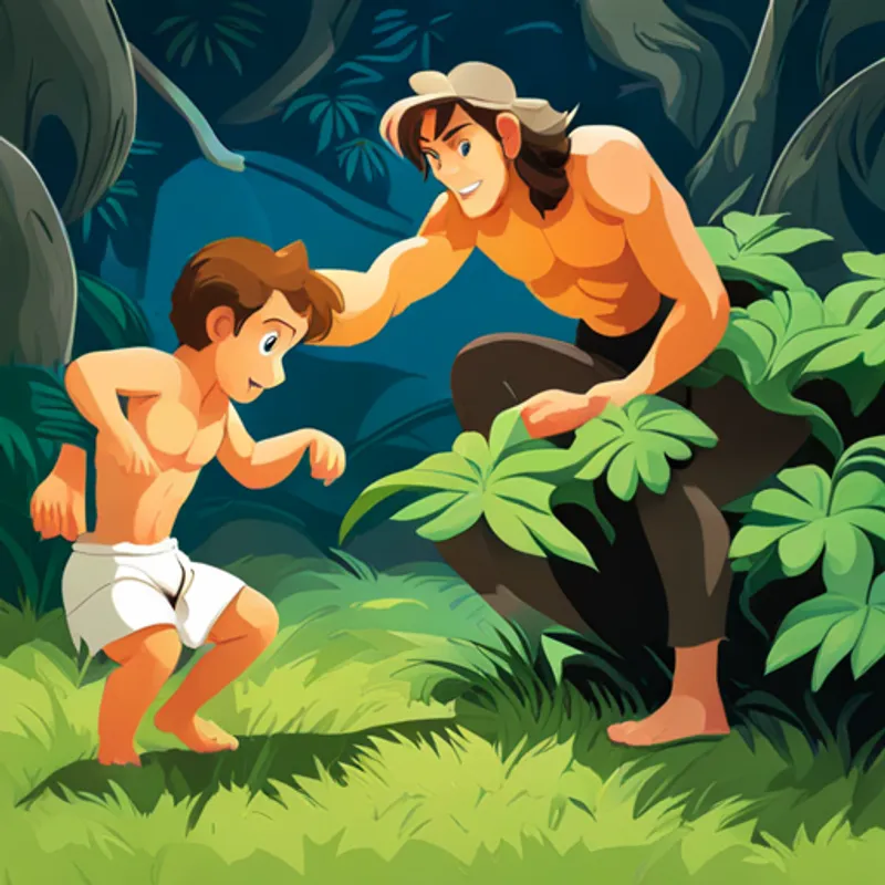 Tarzan helps a baby monkey out of vines