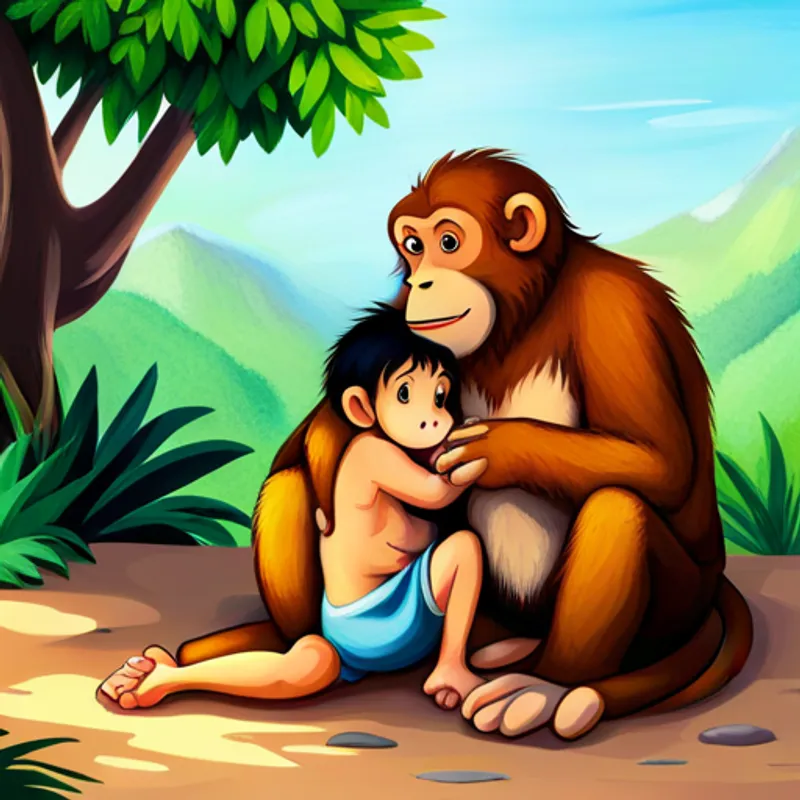 Monkey family hugs Tarzan and invites him in