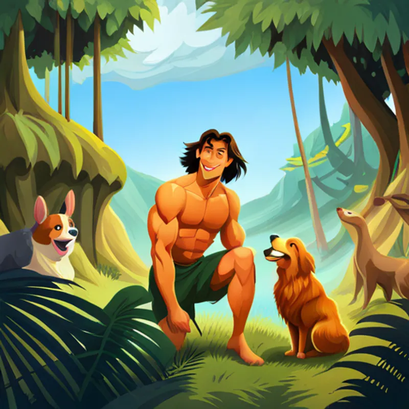 Tarzan smiles, surrounded by his animal friends
