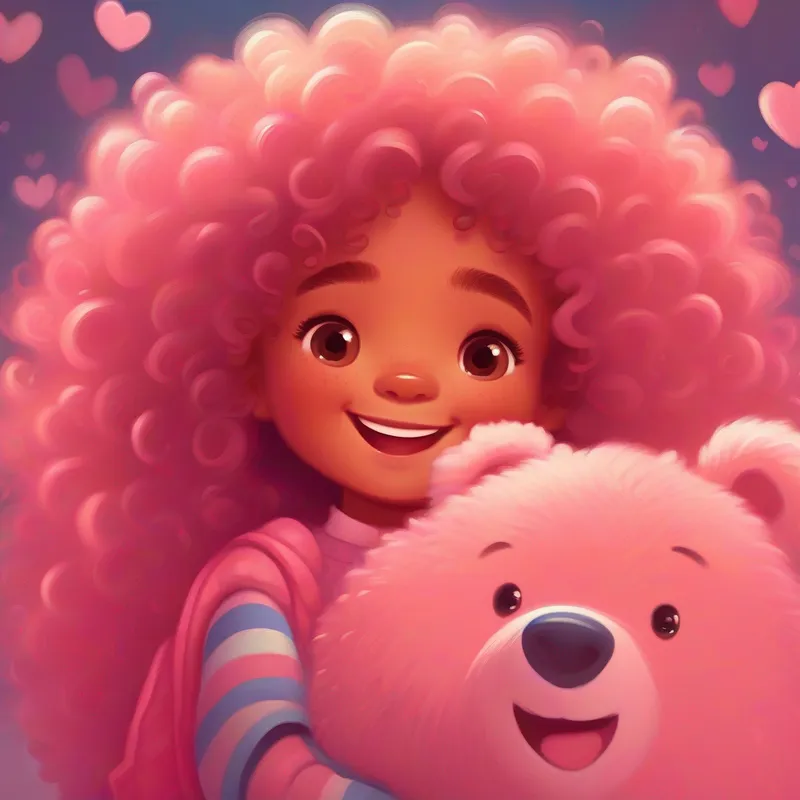 Beemuka, a joyful girl, with curly hair and a contagious smile. hugging her teddy bear, pink and cozy.