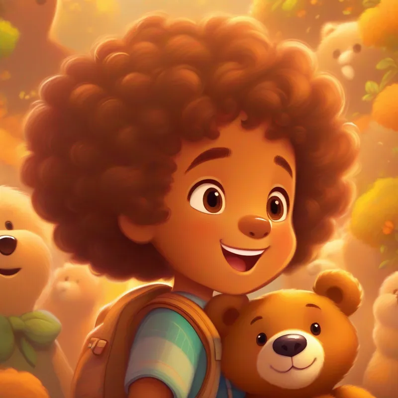 Teddy, a soft and cuddly bear, brown with a kind expression. talking to Beemuka, a joyful girl, with curly hair and a contagious smile., colors: brown, soft and fluffy.